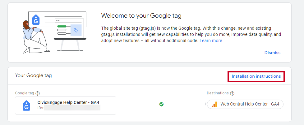 The link labeled Installation instructions to the right of the Your Google tag header.