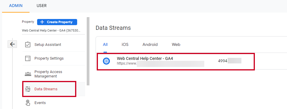 The Data Stream option in the left-hand menu, followed by the appropriate dat stream under the Data Streams header to the right of the options menu.