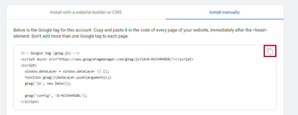 The Install manually option to the right of the Install with a website builder or CMS options, followed by the two rectangles copy button in top right corner of the script box.