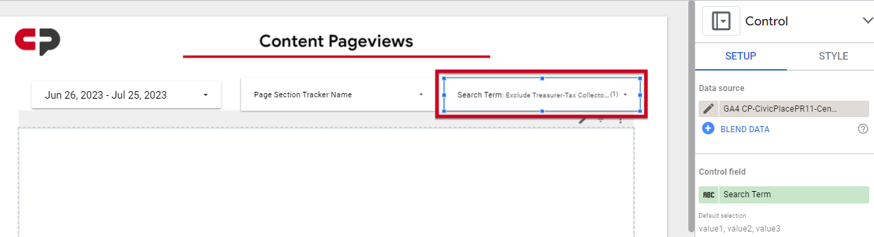 An example control box, on the right hand side of the screen, labeled Search Term.
