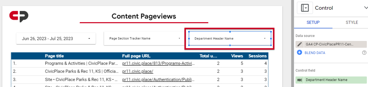 The control box at the far right renamed to Department Header Name.