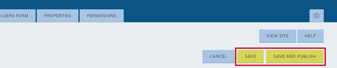 The Save and Save and Publish buttons in the top right below the View Site and Help buttons.