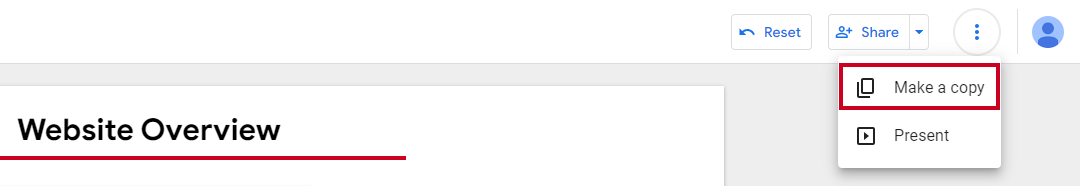 The three horizontal dots icon at the top of the screen, to the right of the Edit button, followed by the Make a copy option in the drop down menu.