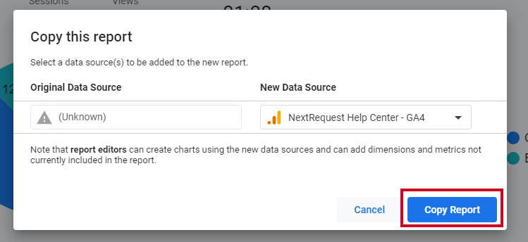 The blue Copy Report button in the bottom right, to the right of the Cancel button.