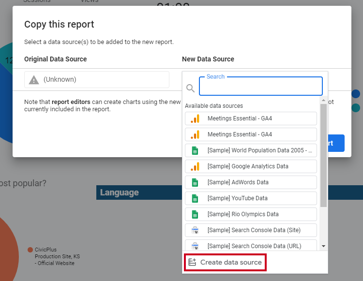 The Create data source option at the bottom of the drop down menu when clicking into the Search bar.