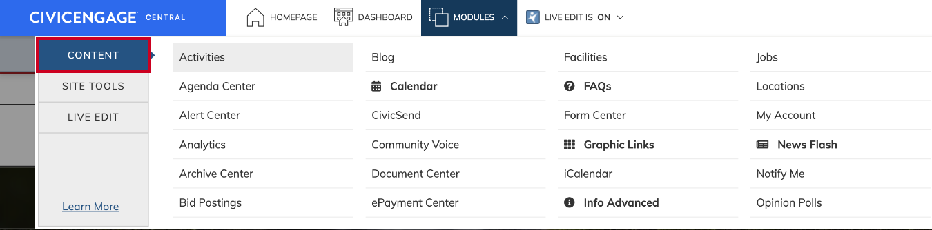 The tab labeled Content on the left-hand side of the Modules dropdown.