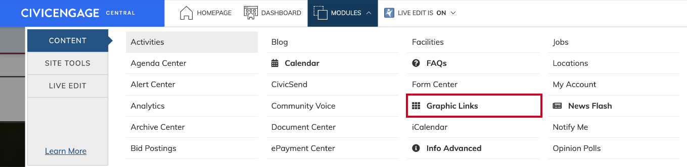 The option labeled Graphic Links in the Content menu.