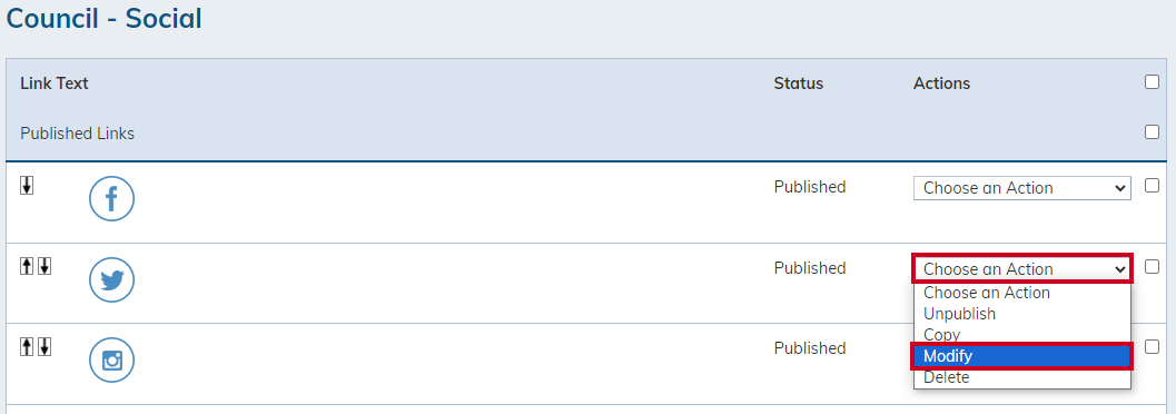 The Choose an Action dropdown menu on the right hand side in the column labeled Actions.