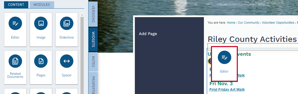 The Editor Widget can be dragged across the page and dropped into an editable area, indicated by a dotted outline.