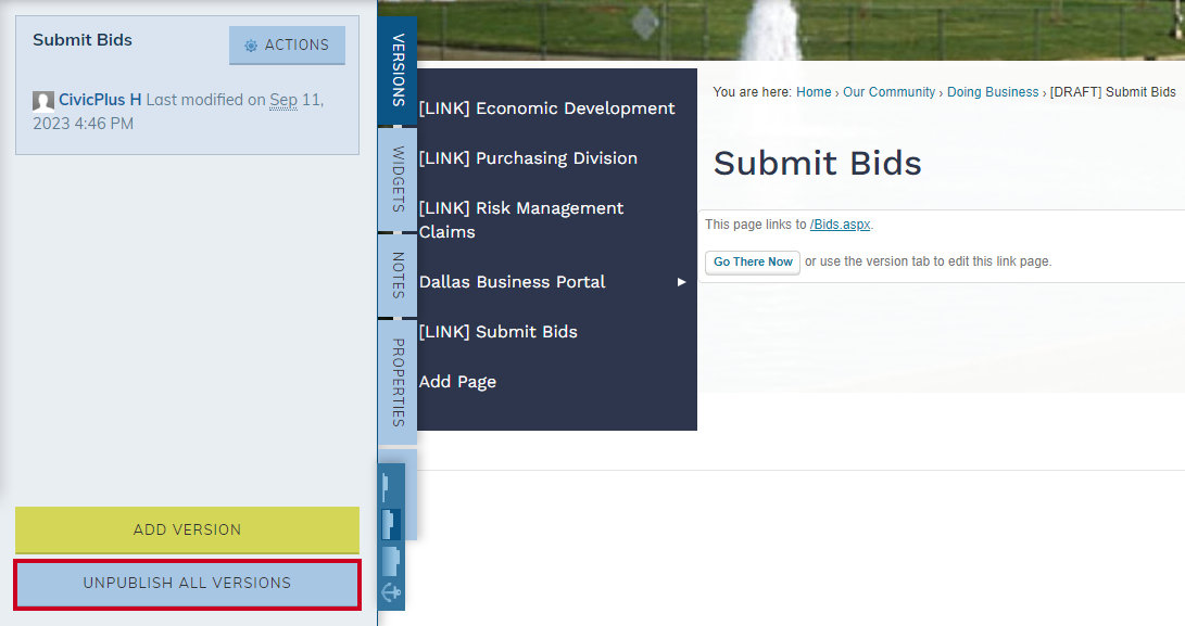 Unpublish All Versions button.