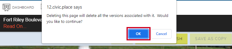 Pop up that says 'Deleting this page will delete all the versions associated with it. Would you like to continue?'