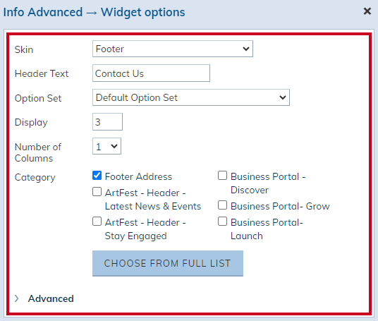 Info Advanced Widget options pop-up with various toggles and dropdowns.