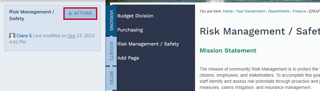Page Version Actions.