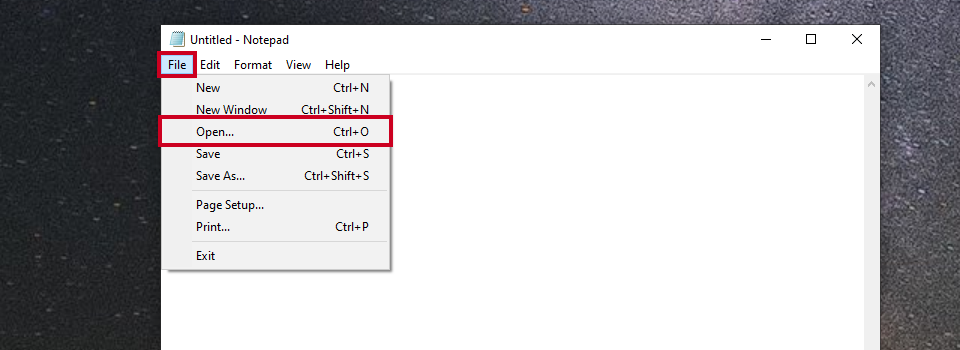 The expanded Notepad program File menu with the Open... option highlighted.