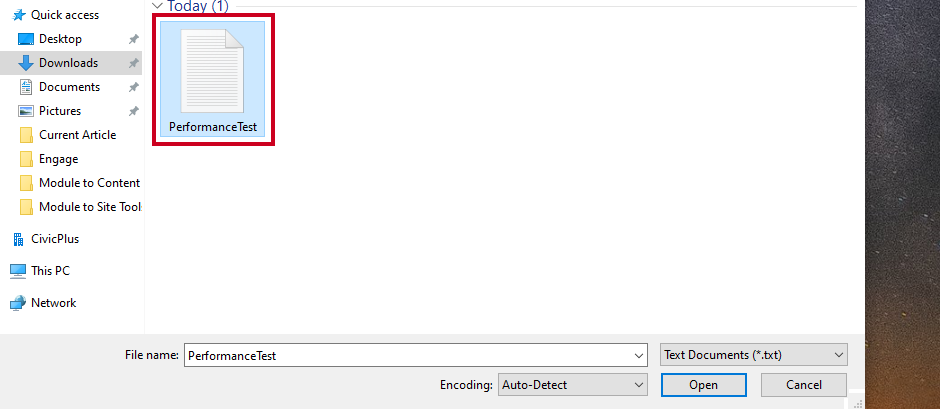 A PerformanceTest.txt file icon within File Explorer.