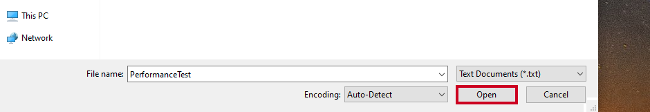 A gray Open button in the bottom-right corner of the File Explorer window.