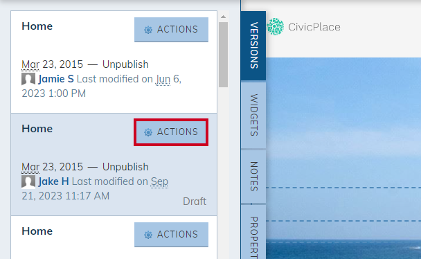 A blue, rectangular Actions button on the Live Edit pane.