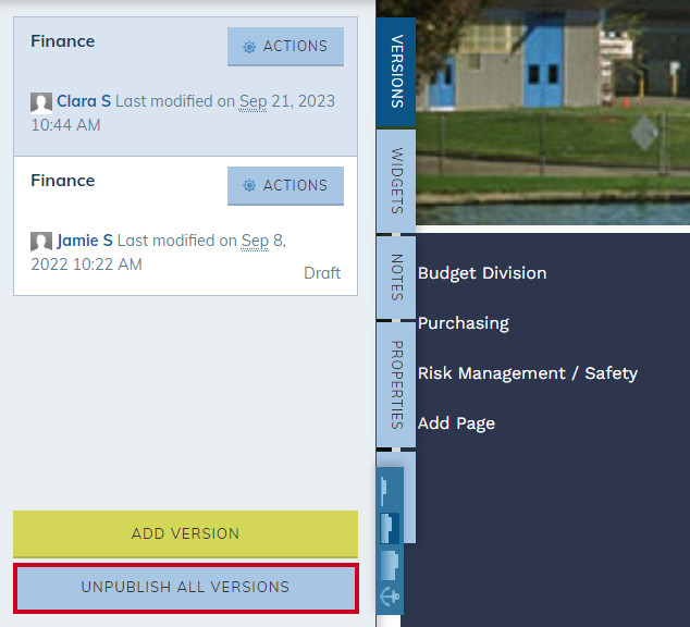 Unpublish All Versions button.