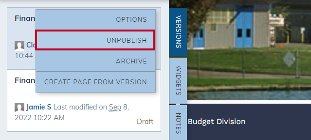 Unpublish option in Actions drop-down.