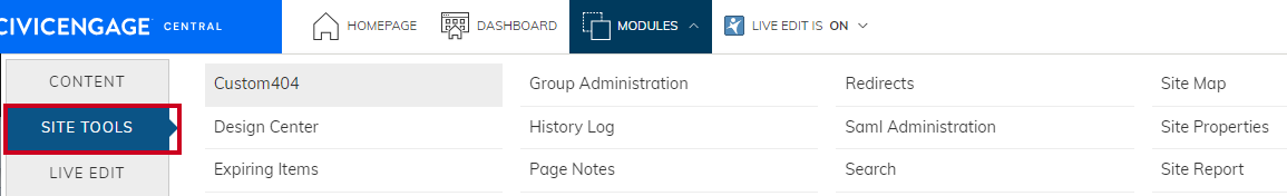 Web Central, Admin User Menu, Modules Dropdown, Site Tools Tab.