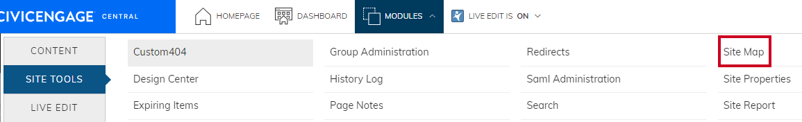 Web Central, Admin User Menu, Modules Dropdown, Site Tools Tab, Site Map Option.