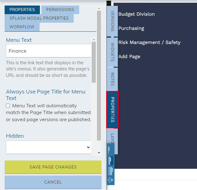 Properties tab on page sidebar.