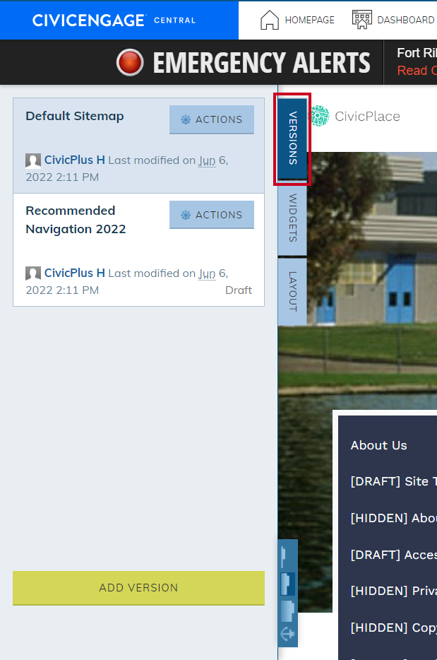 A blue, rectangular Versions tab in the top-right corner of the Site Map pop-out menu.