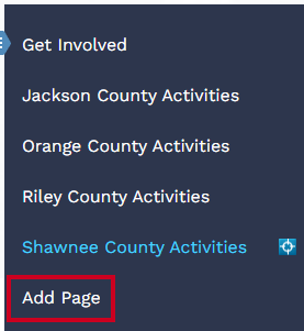Web Central Add Page option in Side Navigation.