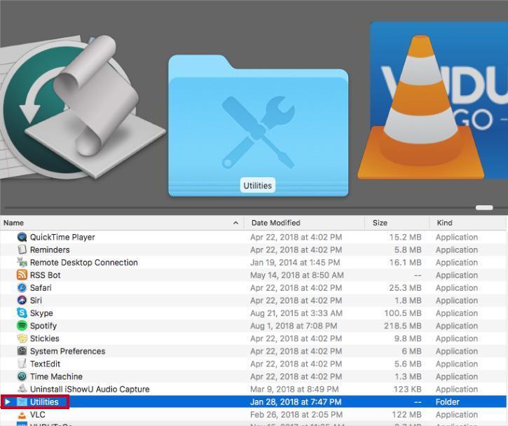 The Utilities folder option within the Applications folder.