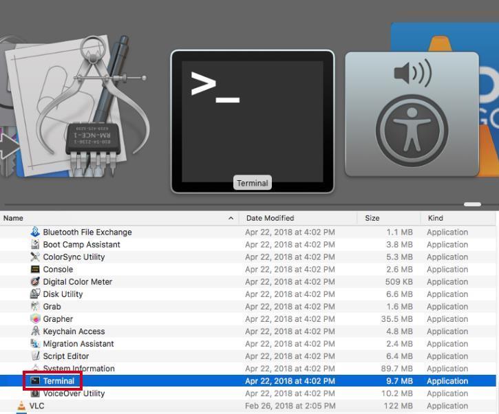 Terminal app option within the Utilities folder.
