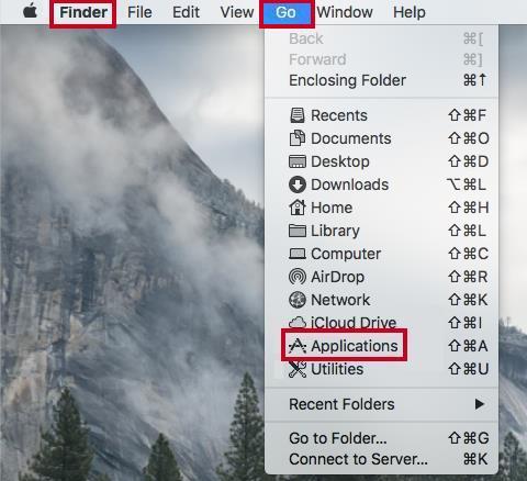 Mac Menu bar Finder option with the Go drop-down and Applications option highlighted.