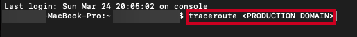 The traceroute command and placeholder production domain typed in the Terminal app.