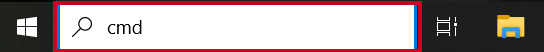 Windows Taskbar search box with cmd typed into the search field.