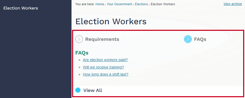 Tabbed Widget Example with tabs for Requirements and FAQs.