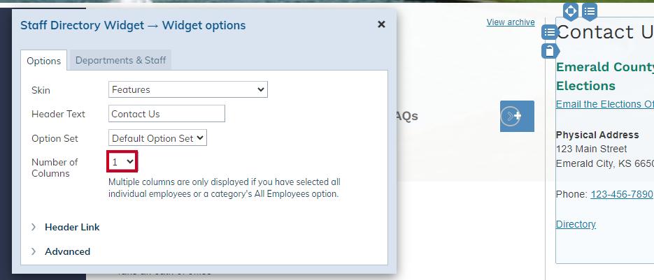 number of columns drop-down.