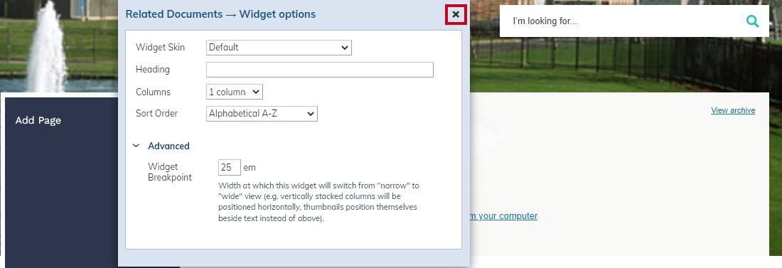 X in top right corner of widget options pop-up.