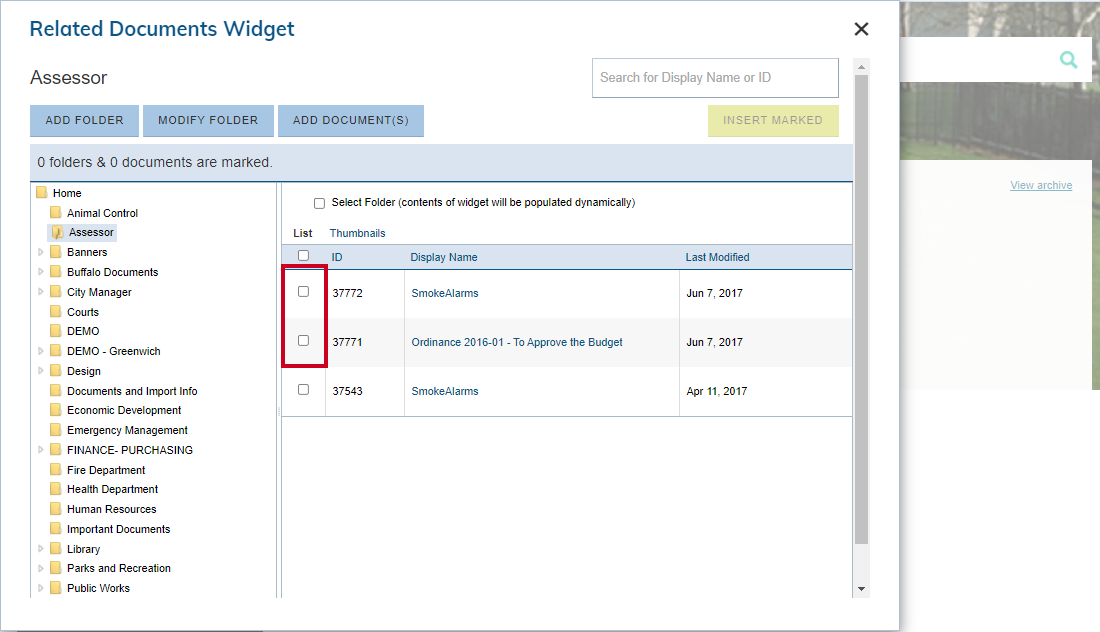 Checkboxes selected next to documents.