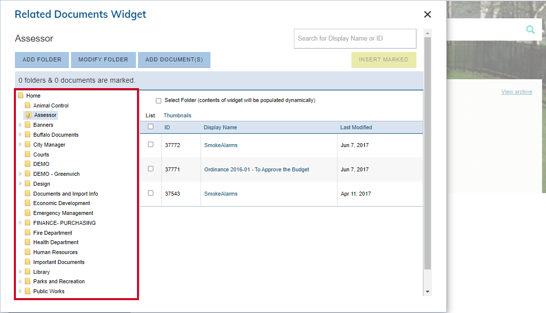 List of available document folders.