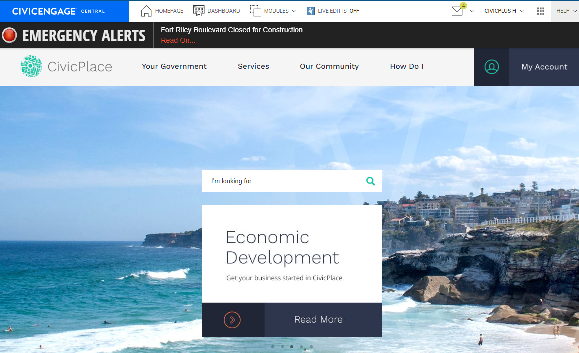 An example Web Central website homepage.