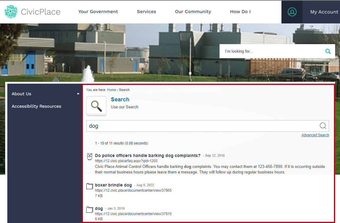 An example Web Central website search page with a search box and a list of results.