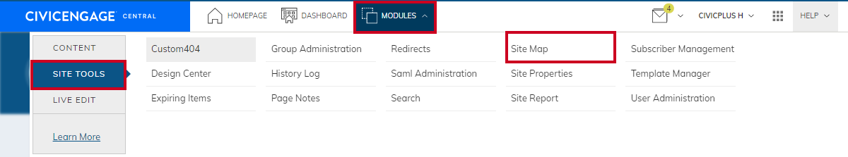 Modules drop-down menu with the Site Tools and Site Map options highlighted.