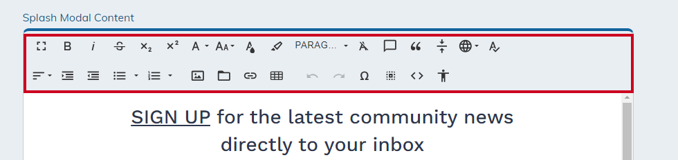 Splash Modal Content field paragraph and formatting tools including bold and strikethrough options.