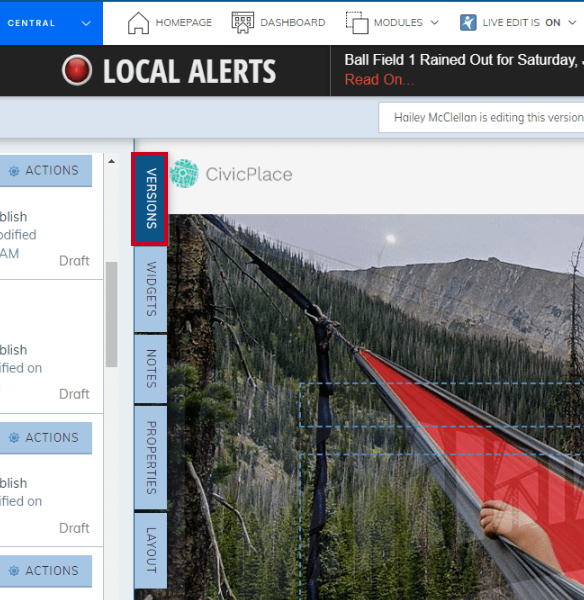 The blue, rectangular Versions tab on the live edit pane.