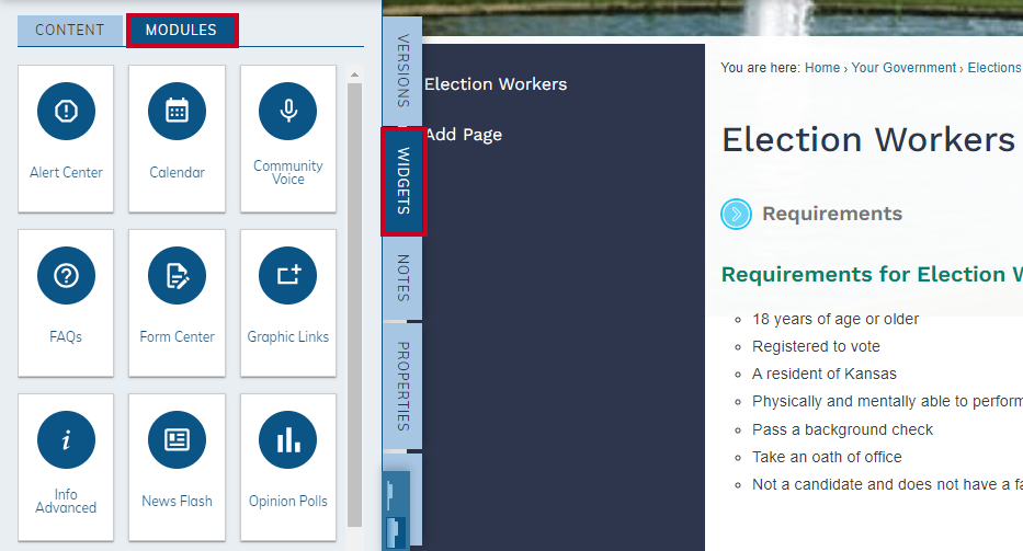 Widgets tab with Modules tab selected.
