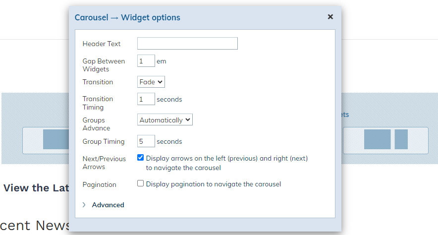 Widget Options pop-up.