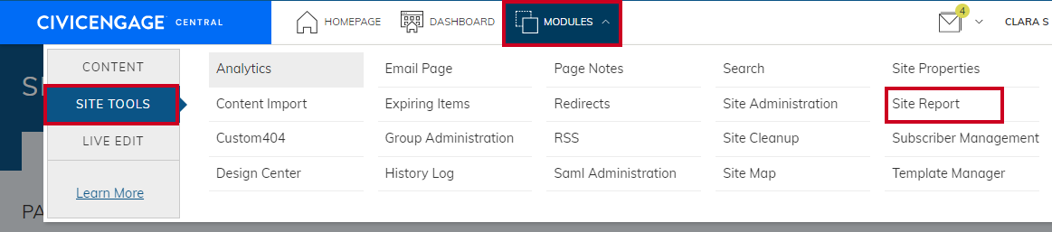 Site Report selected in Site Tools menu.