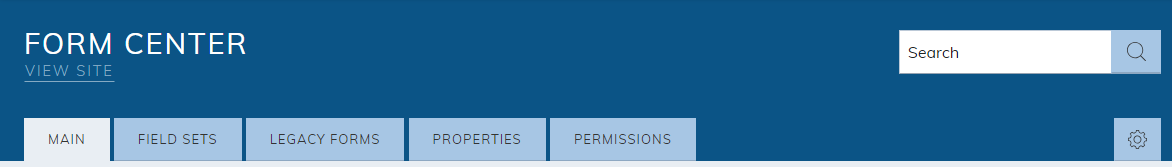 The Form Center module's administrator tabs, Main, Field Sets, Legacy Forms, Properties, and Permissions.