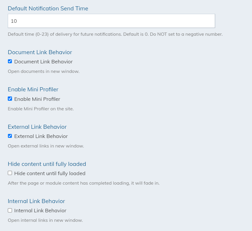 The Default Notification Send Time field and various site properties checkboxes.