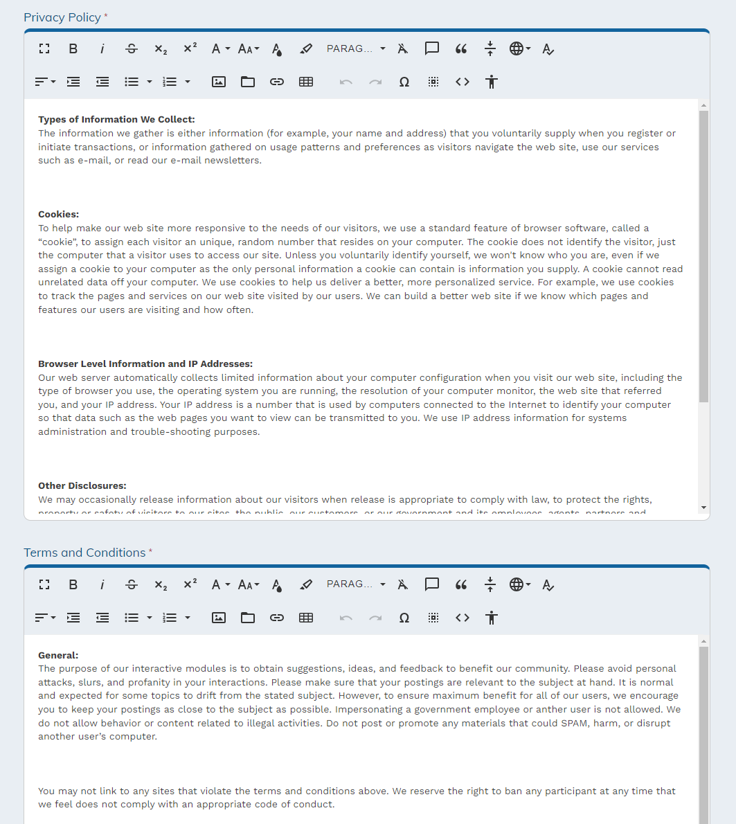 The Privacy Policy and Terms and Conditions site properties fields.