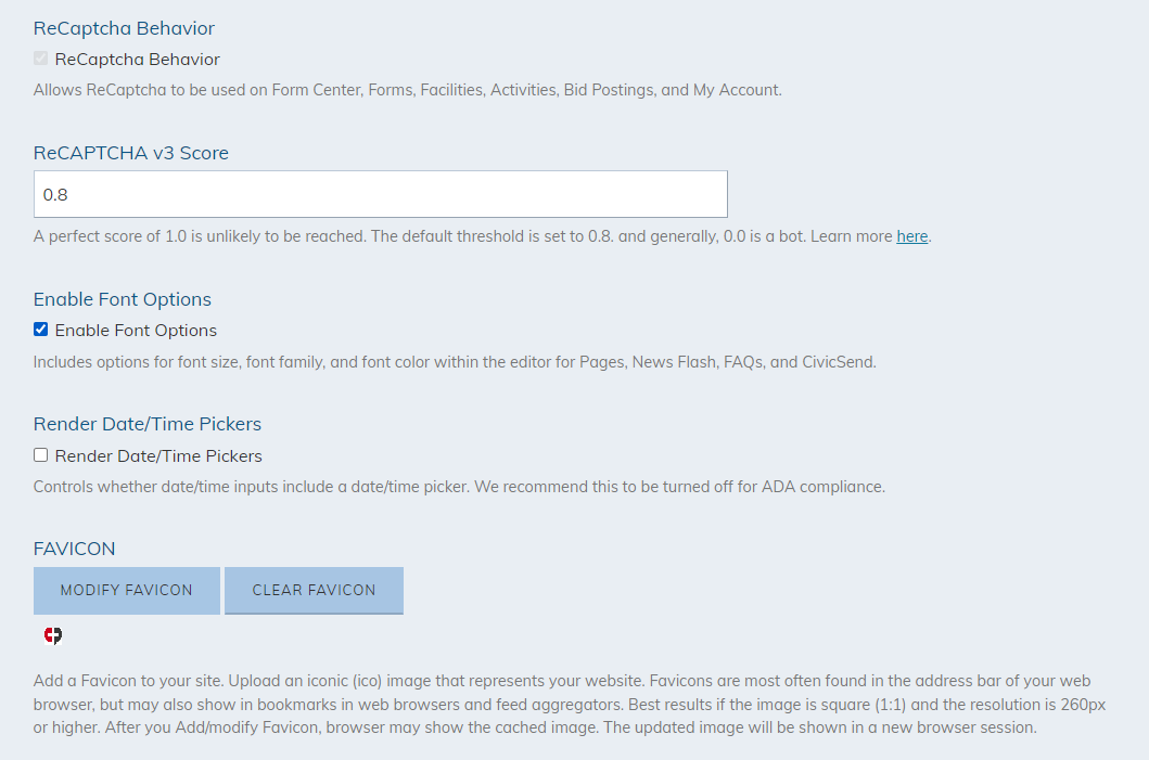 The reCAPTCHA, font, date, and favicon site properties fields.